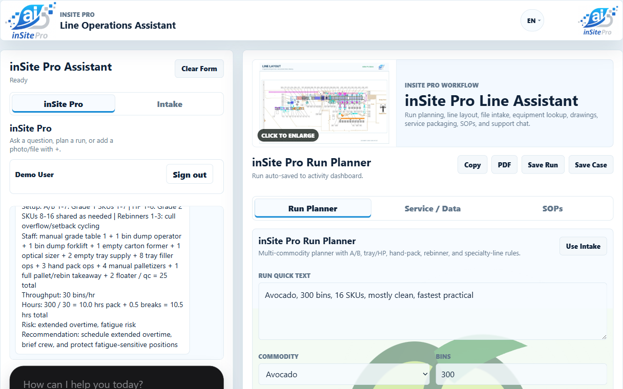 inSite Pro demo workspace answering a packing run prompt