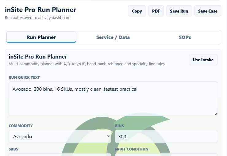 inSite Pro run planner interface with commodity, bins, SKUs, labor, and risk